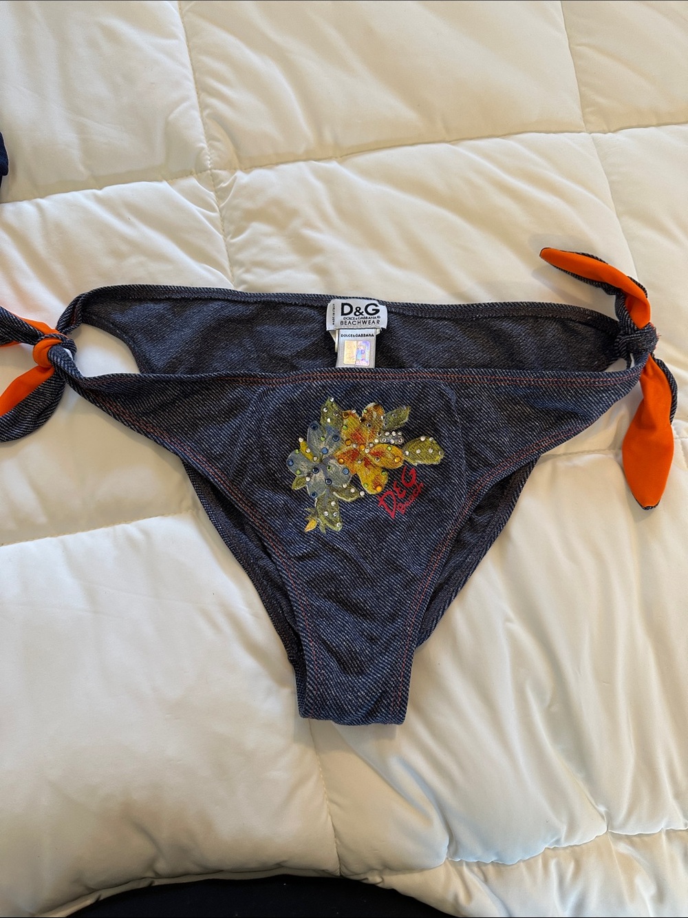 D&G ladies Navy Bikini Bottoms with Orange Tie Sides